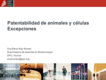Patentabilidad de animales y células Excepciones Dra Elena Rojo Romeo Examinadora de patentes en Biotecnología EPO, Munich