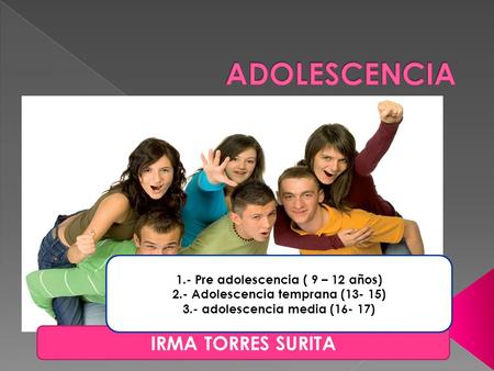 ADOLESCENCIA IRMA TORRES SURITA 1.- Pre adolescencia ( 9 – 12 años)