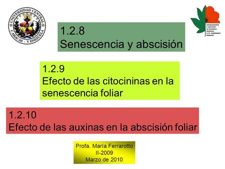 1.2.8 Senescencia y abscisión Profa. María Ferrarotto II-2009 Marzo de 2010 1.2.9 Efecto de las citocininas en la senescencia foliar 1.2.10 Efecto de las.