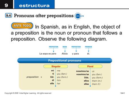 Copyright © 2008 Vista Higher Learning. All rights reserved.9.4-1  In Spanish, as in English, the object of a preposition is the noun or pronoun that.