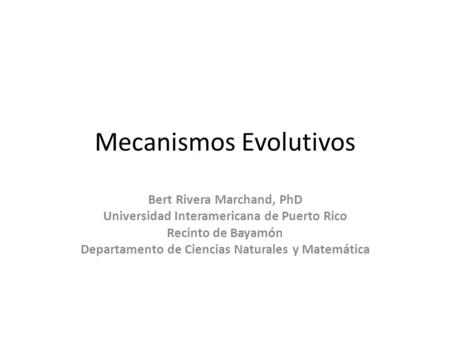 Mecanismos Evolutivos Bert Rivera Marchand, PhD Universidad Interamericana de Puerto Rico Recinto de Bayamón Departamento de Ciencias Naturales y Matemática.