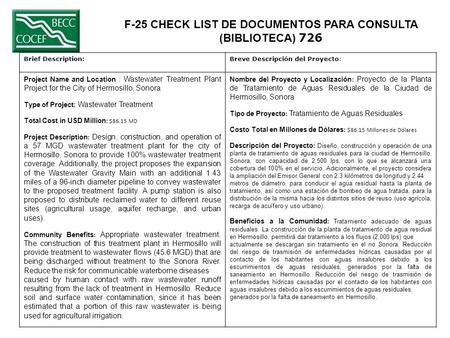 F-25 CHECK LIST DE DOCUMENTOS PARA CONSULTA (BIBLIOTECA) 726 Brief Description:Breve Descripción del Proyecto: Project Name and Location : Wastewater Treatment.
