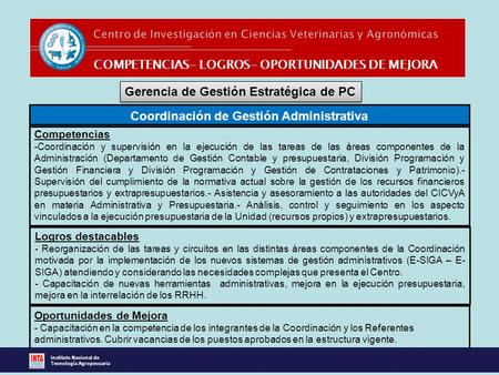 COMPETENCIAS- LOGROS- OPORTUNIDADES DE MEJORA Coordinación de Gestión Administrativa Gerencia de Gestión Estratégica de PC Competencias -Coordinación y.