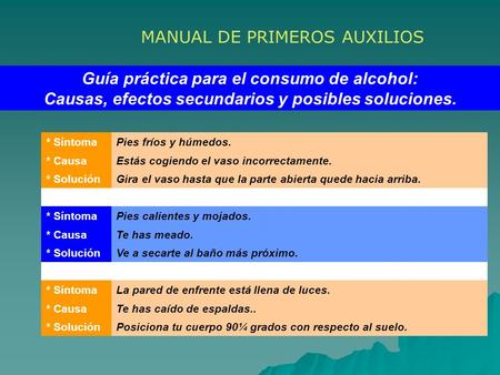 MANUAL DE PRIMEROS AUXILIOS Guía práctica para el consumo de alcohol: Causas, efectos secundarios y posibles soluciones. * SíntomaPies fríos y húmedos.