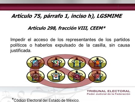 Artículo 75, párrafo 1, inciso h), LGSMIME Artículo 298, fracción VIII, CEEM* Impedir el acceso de los representantes de los partidos políticos o haberlos.