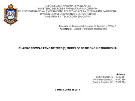 CUADRO COMPARATIVO DE TRES (3) MODELOS DE DISEÑO INSTRUCCIONAL