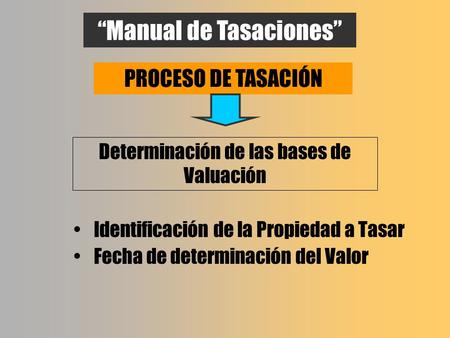 “Manual de Tasaciones” PROCESO DE TASACIÓN Determinación de las bases de Valuación Identificación de la Propiedad a Tasar Fecha de determinación del Valor.