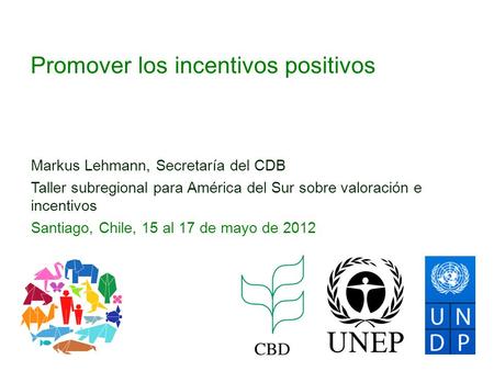 Promover los incentivos positivos Markus Lehmann, Secretaría del CDB Taller subregional para América del Sur sobre valoración e incentivos Santiago, Chile,