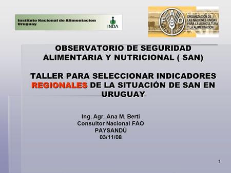 1 OBSERVATORIO DE SEGURIDAD ALIMENTARIA Y NUTRICIONAL ( SAN) TALLER PARA SELECCIONAR INDICADORES REGIONALES DE LA SITUACIÓN DE SAN EN URUGUAY Ing. Agr.