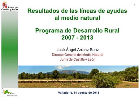 1 Resultados de las líneas de ayudas al medio natural Programa de Desarrollo Rural 2007 - 2013 Valladolid, 14 agosto de 2013 José Ángel Arranz Sanz Director.