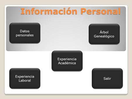 Información Personal Datos personales Datos personales Experiencia Laboral Experiencia Laboral Árbol Genealógico Árbol Genealógico Salir Experiencia Académica.