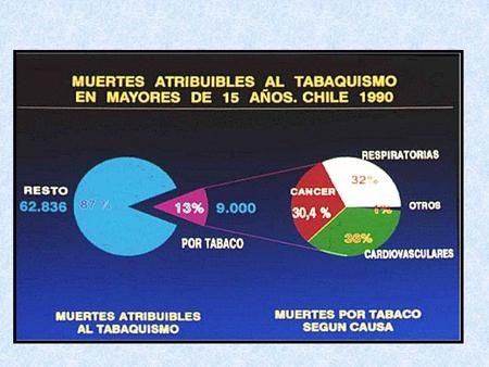 El tabaco es responsable de la muerte de 38 PERSONAS DIARIAS EN CHILE ES DECIR 1,5 PERSONAS CADA HORA Por otra parte se estima que el 11% de la mortalidad.