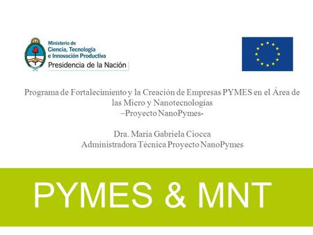 Programa de Fortalecimiento y la Creación de Empresas PYMES en el Área de las Micro y Nanotecnologías –Proyecto NanoPymes- Dra. María Gabriela Ciocca Administradora.