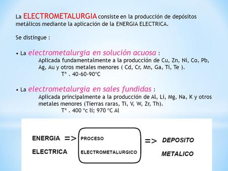 La ELECTROMETALURGIA consiste en la producción de depósitos metálicos mediante la aplicación de la ENERGIA ELECTRICA. Se distingue : • La electrometalurgia.