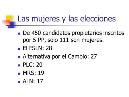 Las mujeres y las elecciones De 450 candidatos propietarios inscritos por 5 PP, solo 111 son mujeres. El FSLN: 28 Alternativa por el Cambio: 27 PLC: 20.