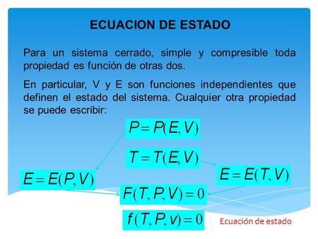 ECUACION DE ESTADO Para un sistema cerrado, simple y compresible toda propiedad es función de otras dos. En particular, V y E son funciones independientes.
