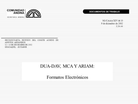 DECIMOCUARTA REUNION DEL COMITE ANDINO DE ASUNTOS ADUANEROS 12 – 13 DE DICIEMBRE DE 2002 GUAYAQUIL - ECUADOR DUA-DAV, MCA Y ARIAM: Formatos Electrónicos.