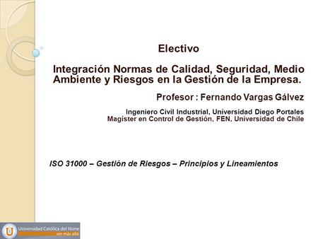 Electivo Integración Normas de Calidad, Seguridad, Medio Ambiente y Riesgos en la Gestión de la Empresa. Profesor : Fernando Vargas Gálvez Ingeniero Civil.