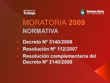 1 MORATORIA 2009 NORMATIVA  Decreto Nº 3140/2008  Resolución Nº 112/2007  Resolución complementaria del Decreto Nº 3140/2008.