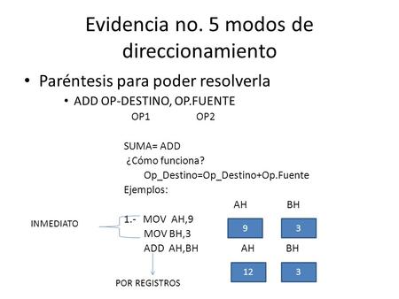 Evidencia no. 5 modos de direccionamiento Paréntesis para poder resolverla ADD OP-DESTINO, OP.FUENTE OP1 OP2 SUMA= ADD ¿Cómo funciona? Op_Destino=Op_Destino+Op.Fuente.
