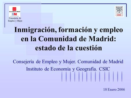 Inmigración, formación y empleo en la Comunidad de Madrid: estado de la cuestión Consejería de Empleo y Mujer. Comunidad de Madrid Instituto de Economía.
