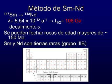 Método de Sm-Nd 147Sm → 143Nd λ= 6.54 x a-1 → t1/2= 106 Ga