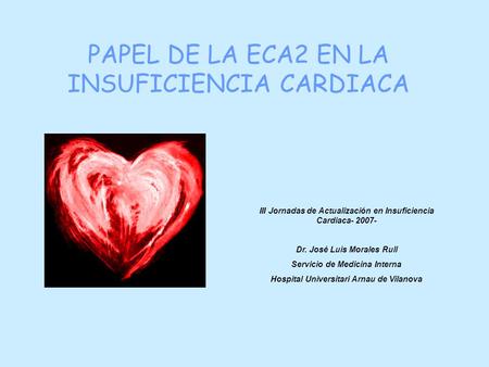 PAPEL DE LA ECA2 EN LA INSUFICIENCIA CARDIACA III Jornadas de Actualización en Insuficiencia Cardiaca- 2007- Dr. José Luis Morales Rull Servicio de Medicina.