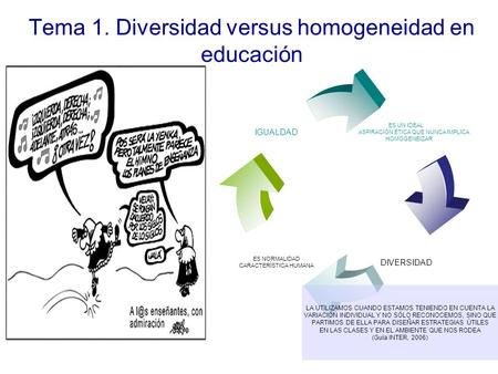 Tema 1. Diversidad versus homogeneidad en educación ES UN IDEAL ASPIRACIÓN ÉTICA QUE NUNCA IMPLICA HOMOGENEIZAR DIVERSIDAD ES NORMALIDAD CARACTERÍSTICA.