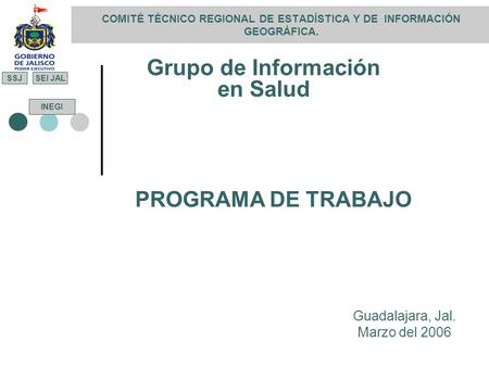 COMITÉ TÉCNICO REGIONAL DE ESTADÍSTICA Y DE INFORMACIÓN GEOGRÁFICA. Grupo de Información en Salud Guadalajara, Jal. Marzo del 2006 PROGRAMA DE TRABAJO.