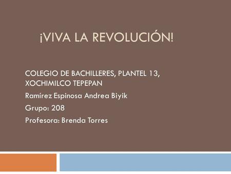 ¡Viva la Revolución! COLEGIO DE BACHILLERES, PLANTEL 13, XOCHIMILCO TEPEPAN Ramírez Espinosa Andrea Biyik Grupo: 208 Profesora: Brenda Torres.