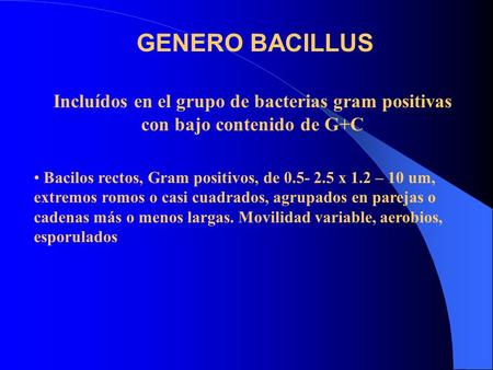 GENERO BACILLUS Incluídos en el grupo de bacterias gram positivas con bajo contenido de G+C Bacilos rectos, Gram positivos, de 0.5- 2.5 x 1.2 – 10 um,