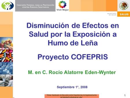 1 Disminución de Efectos en Salud por la Exposición a Humo de Leña Proyecto COFEPRIS M. en C. Rocío Alatorre Eden-Wynter Septiembre 1°, 2008 “Primer Seminario.