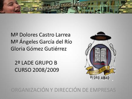 Mª Dolores Castro Larrea Mª Ángeles García del Río Gloria Gómez Gutiérrez 2º LADE GRUPO B CURSO 2008/2009 ORGANIZACIÓN Y DIRECCIÓN DE EMPRESAS.
