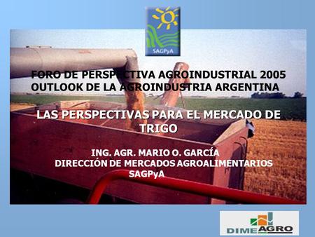 LAS PERSPECTIVAS PARA EL MERCADO DE TRIGO ING. AGR. MARIO O. GARCÍA DIRECCIÓN DE MERCADOS AGROALIMENTARIOS SAGPyA FORO DE PERSPECTIVA AGROINDUSTRIAL 2005.