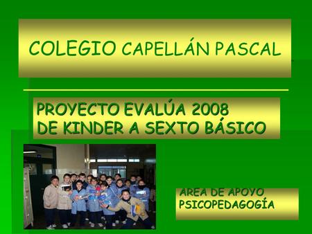 PROYECTO EVALÚA 2008 DE KINDER A SEXTO BÁSICO COLEGIO CAPELLÁN PASCAL AREA DE APOYO PSICOPEDAGOGÍA.