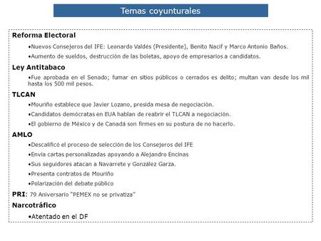 Temas coyunturales Reforma Electoral Nuevos Consejeros del IFE: Leonardo Valdés (Presidente), Benito Nacif y Marco Antonio Baños. Aumento de sueldos, destrucción.