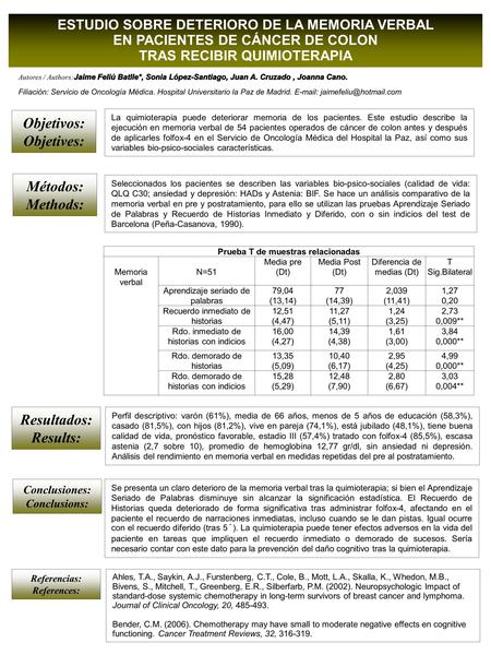 Filiación: Servicio de Oncología Médica. Hospital Universitario la Paz de Madrid.   Objetivos: Objetives: La quimioterapia.