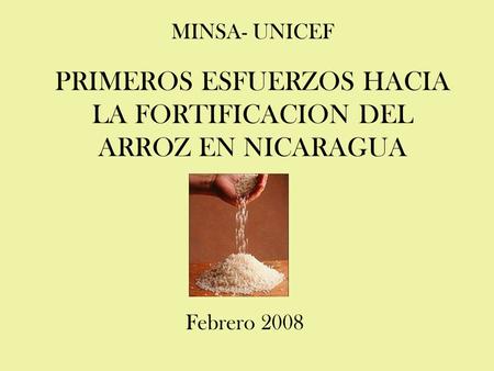 PRIMEROS ESFUERZOS HACIA LA FORTIFICACION DEL ARROZ EN NICARAGUA MINSA- UNICEF Febrero 2008.