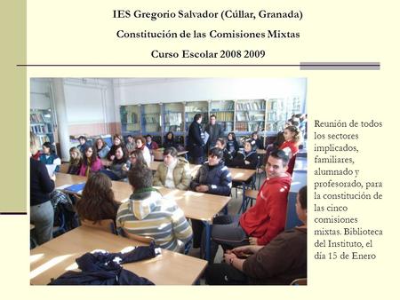 IES Gregorio Salvador (Cúllar, Granada) Constitución de las Comisiones Mixtas Curso Escolar 2008 2009 Reunión de todos los sectores implicados, familiares,