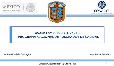 Dirección Adjunta de Posgrado y Becas 1 AVANCES Y PERSPECTIVAS DEL PROGRAMA NACIONAL DE POSGRADOS DE CALIDAD Luis Ponce RamírezUniversidad de Guanajuato.