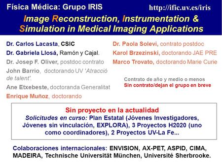 Image Reconstruction, Instrumentation & Simulation in Medical Imaging Applications Física Médica: Grupo IRIS  Dr. Carlos Lacasta,