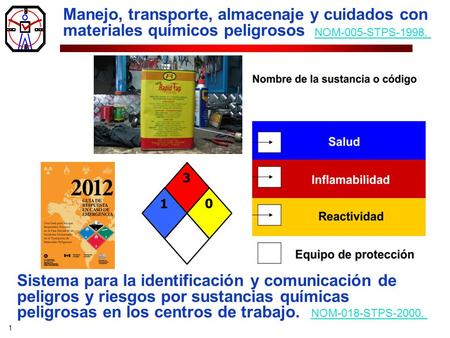 Manejo, transporte, almacenaje y cuidados con materiales químicos peligrosos NOM-005-STPS-1998,  Sistema para la identificación y comunicación de peligros.