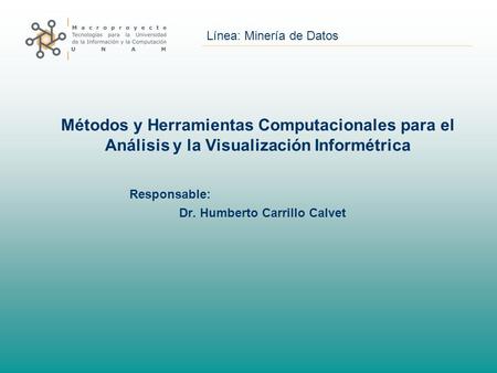 Métodos y Herramientas Computacionales para el Análisis y la Visualización Informétrica Responsable: Dr. Humberto Carrillo Calvet.