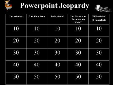 Powerpoint Jeopardy Los estudiosUna Vida SanaEn la ciudadLos Mandatos Formales de “Usted” El Pretérito/ El Imperfecto 10 20 30 40 50.