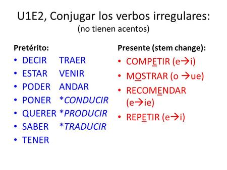 U1E2, Conjugar los verbos irregulares: (no tienen acentos)