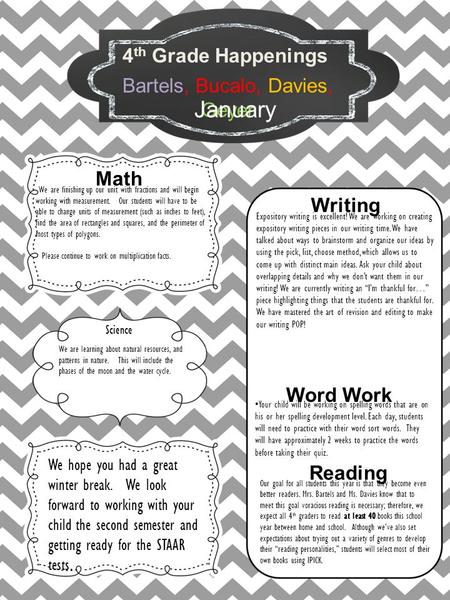 Bartels, Bucalo, Davies, Geyer January Expository writing is excellent! We are working on creating expository writing pieces in our writing time. We have.