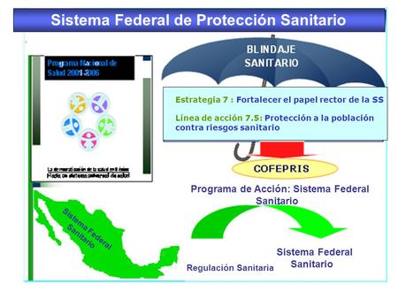 Sistema Federal de Protección Sanitario Estrategia 7 : Fortalecer el papel rector de la SS Línea de acción 7.5: Protección a la población contra riesgos.