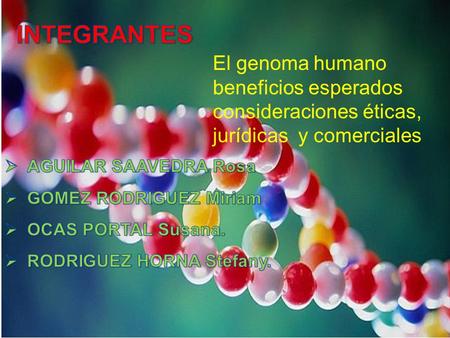 INTEGRANTES El genoma humano beneficios esperados consideraciones éticas, jurídicas y comerciales AGUILAR SAAVEDRA Rosa GOMEZ RODRIGUEZ Miriam OCAS PORTAL.
