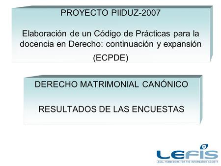 PROYECTO PIIDUZ-2007 Elaboración de un Código de Prácticas para la docencia en Derecho: continuación y expansión (ECPDE) DERECHO MATRIMONIAL CANÓNICO RESULTADOS.