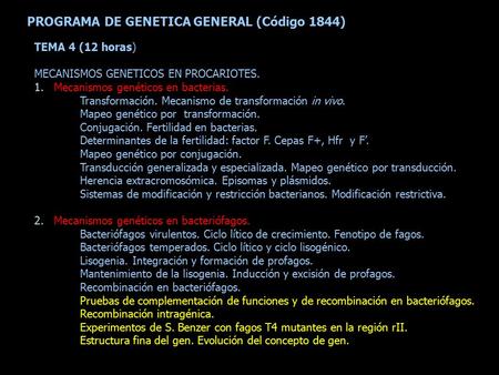 PROGRAMA DE GENETICA GENERAL (Código 1844)